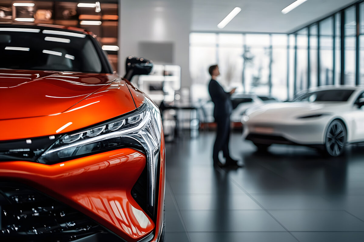 Prodejce automobilů v moderním autosalonu radí zákazníkovi ohledně koupě nebo leasingu nového vozu.