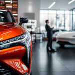 Prodejce automobilů v moderním autosalonu radí zákazníkovi ohledně koupě nebo leasingu nového vozu.